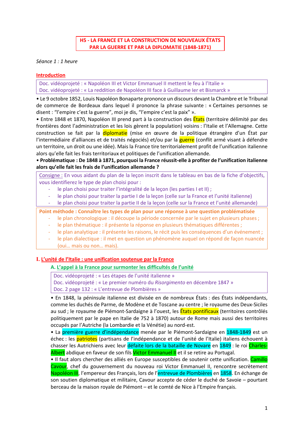 Prévisualisation du document H5 - LA FRANCE ET LA CONSTRUCTION DE NOUVEAUX ÉTATS PAR LA GUERRE ET PAR LA DIPLOMATIE (1848-1871)