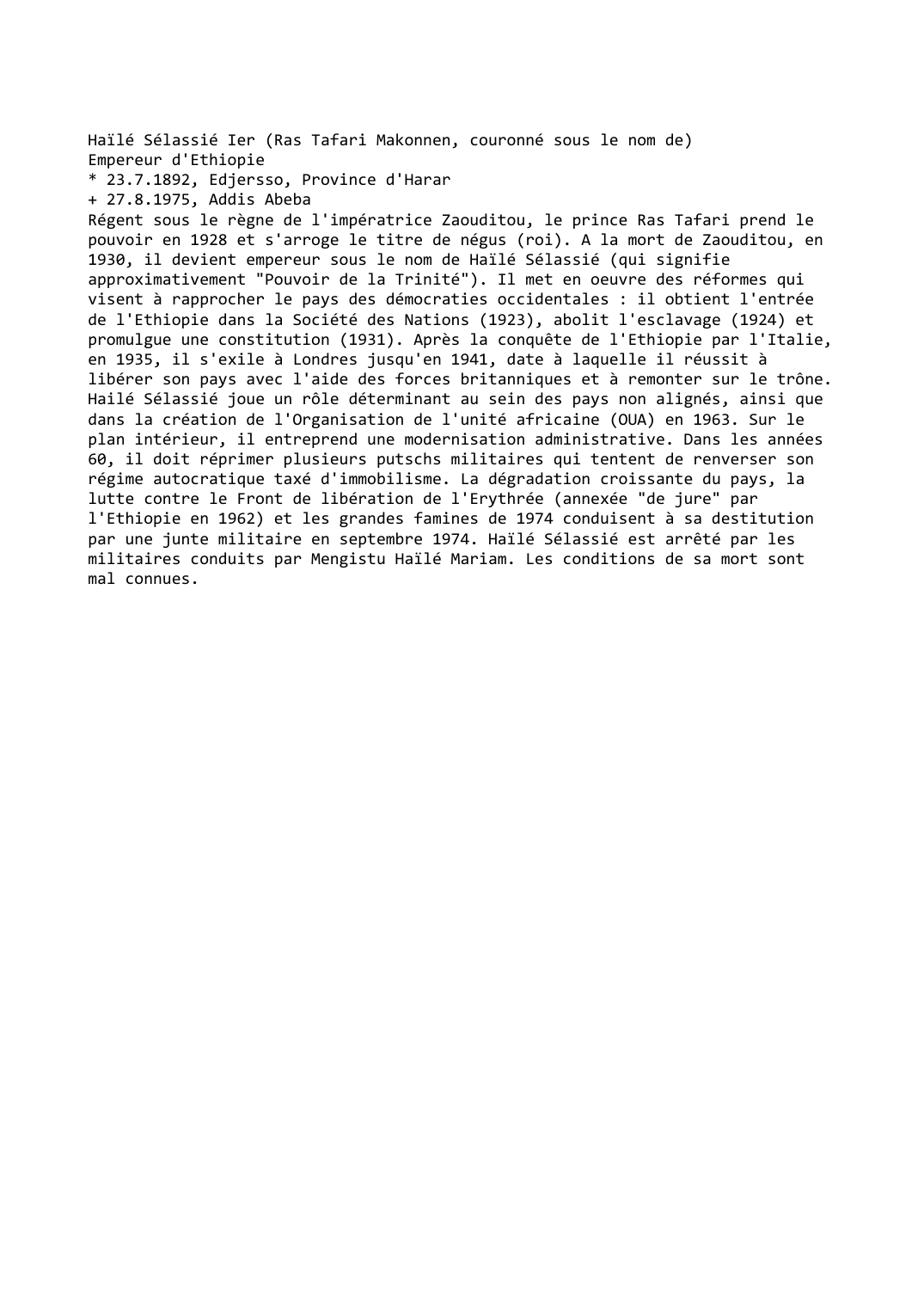 Prévisualisation du document Haïlé Sélassié Ier (Ras Tafari Makonnen, couronné sous le nom de)