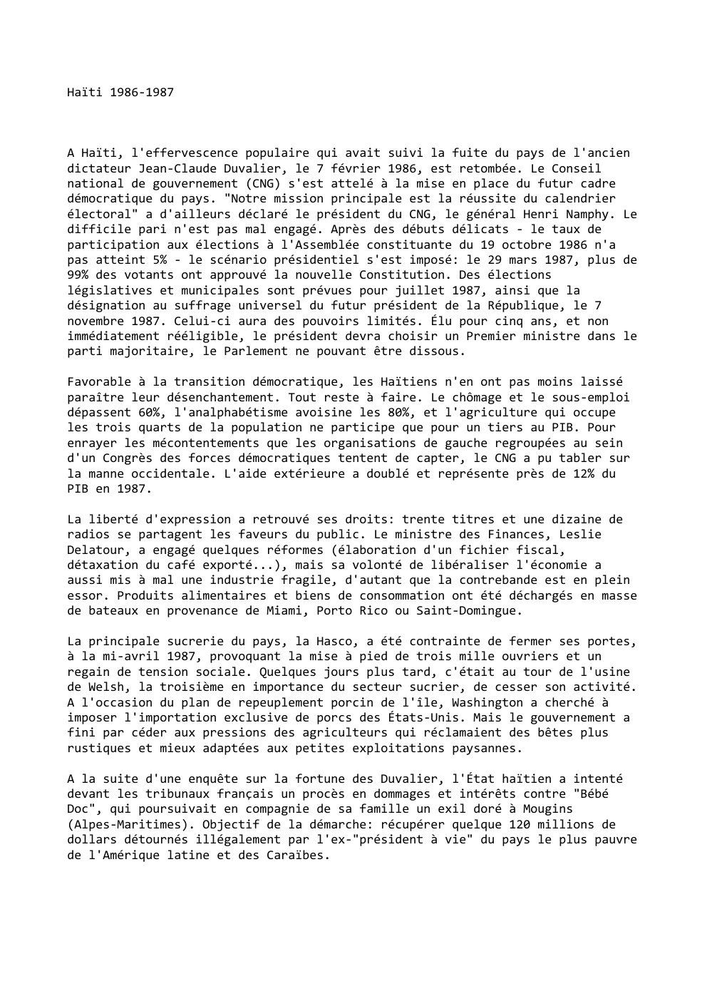 Prévisualisation du document Haïti 1986-1987

A Haïti, l'effervescence populaire qui avait suivi la fuite du pays de l'ancien
dictateur Jean-Claude Duvalier, le 7...