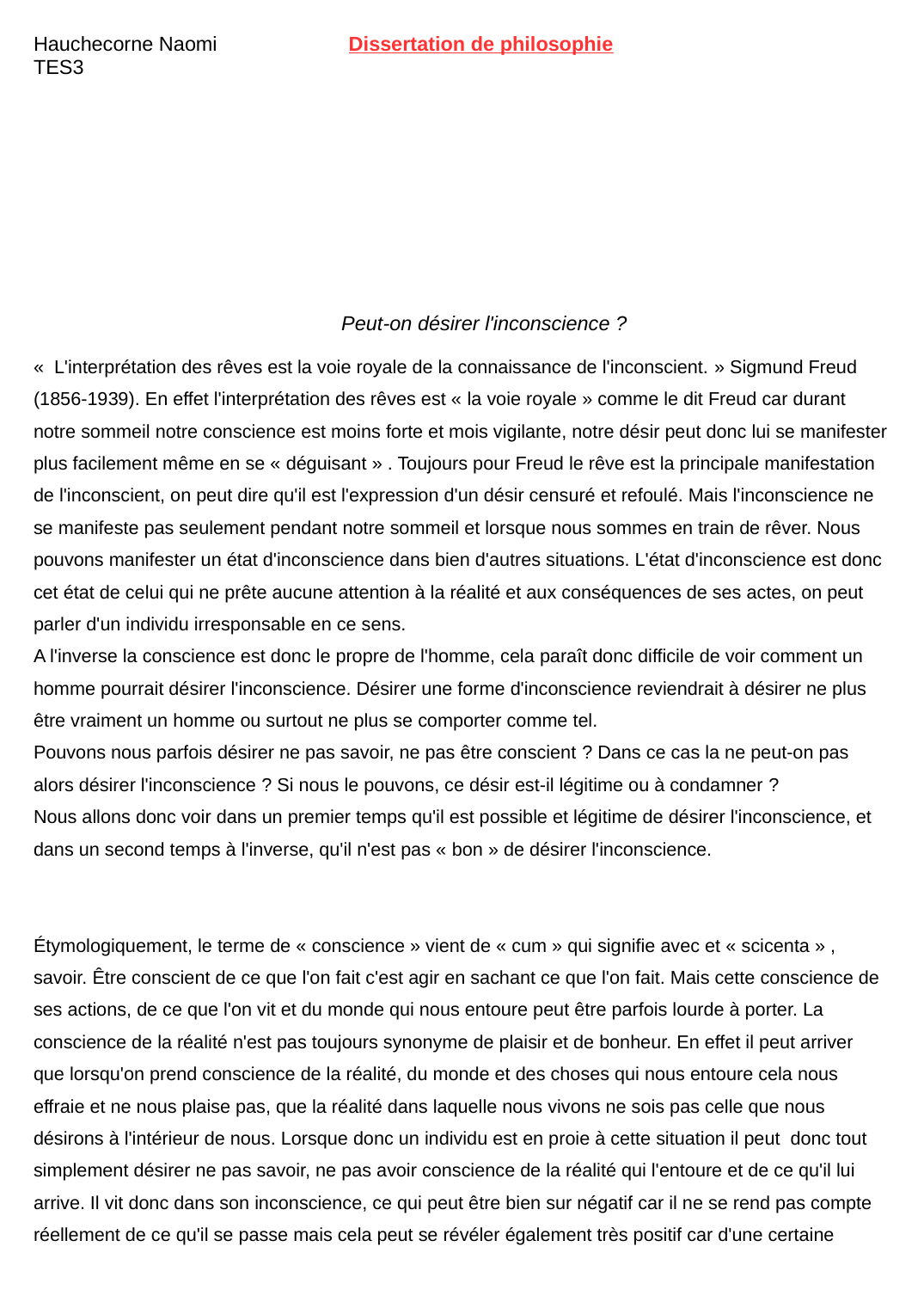 Prévisualisation du document Hauchecorne Naomi Dissertation de philosophieTES3Peut-on désirer l&apos;inconscience ?