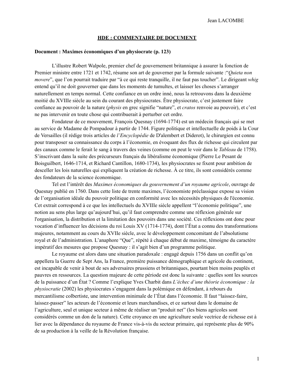 Prévisualisation du document HDE : COMMENTAIRE DE DOCUMENT Document : Maximes économiques d’un physiocrate (p. 123)