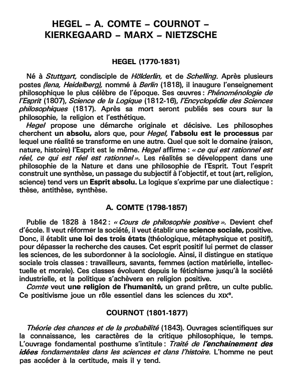Prévisualisation du document HEGEL - A. COMTE - COURNOT -KIERKEGAARD - MARX - NIETZSCHE (fiche bac)