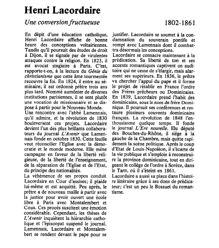 Prévisualisation du document Henri LacordaireUne conversion fructueuse.