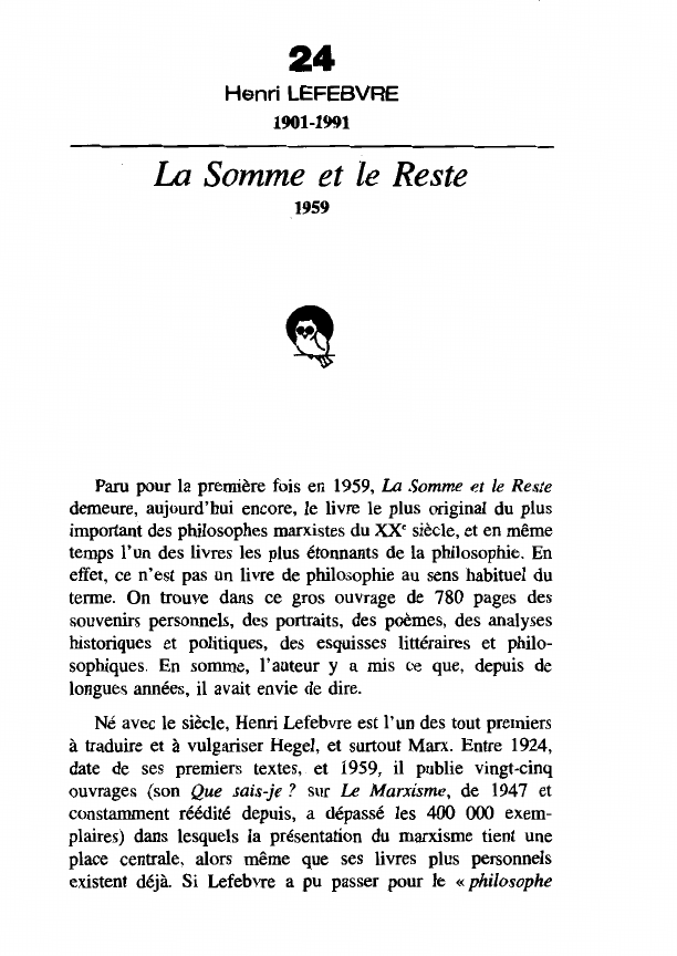 Prévisualisation du document Henri LEFEBVRE 1901-1991 La Somme et le Reste