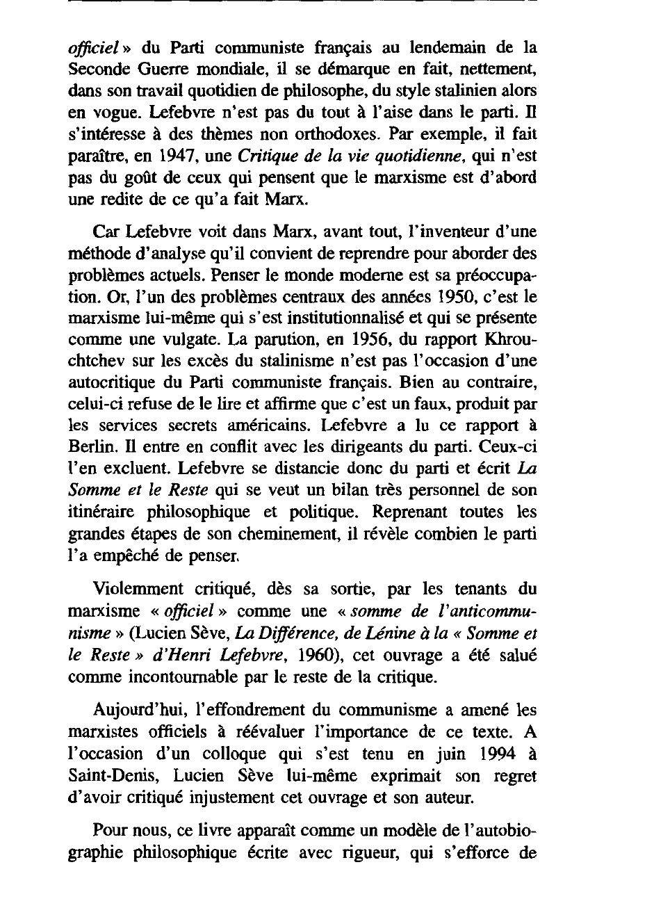 Prévisualisation du document Henri LEFEBVRE 1901-1991 La Somme et le Reste