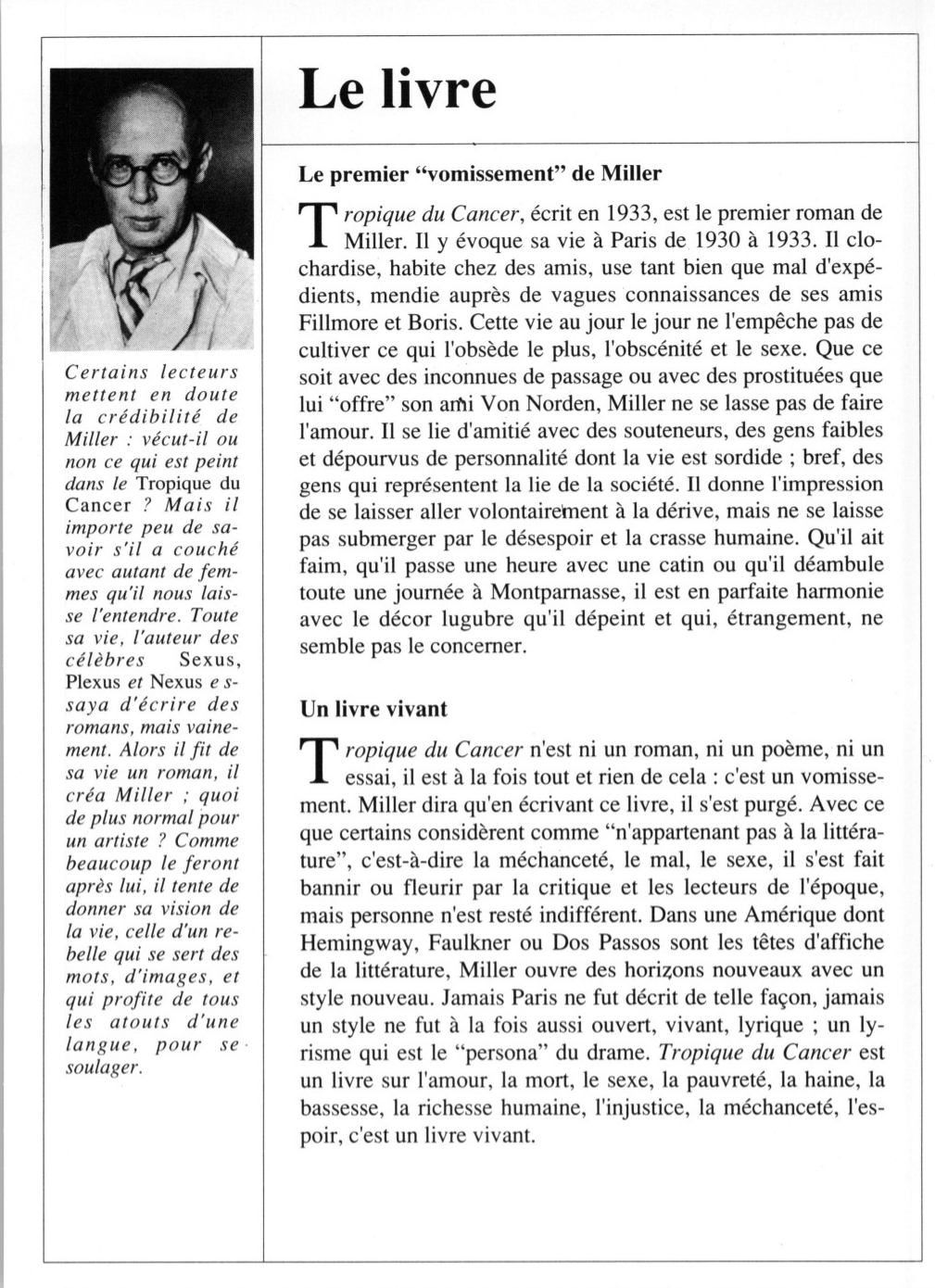 Prévisualisation du document Henri MILLER : Tropique du Cancer