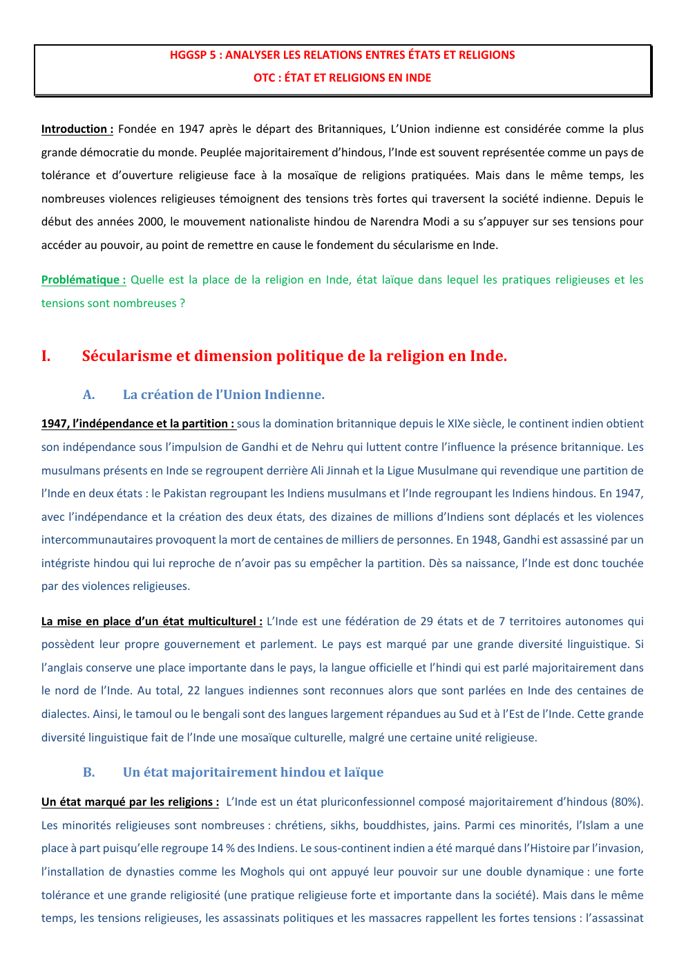 Prévisualisation du document HGGSP 5 : ANALYSER LES RELATIONS ENTRES ÉTATS ET RELIGIONS OTC : ÉTAT ET RELIGIONS EN INDE