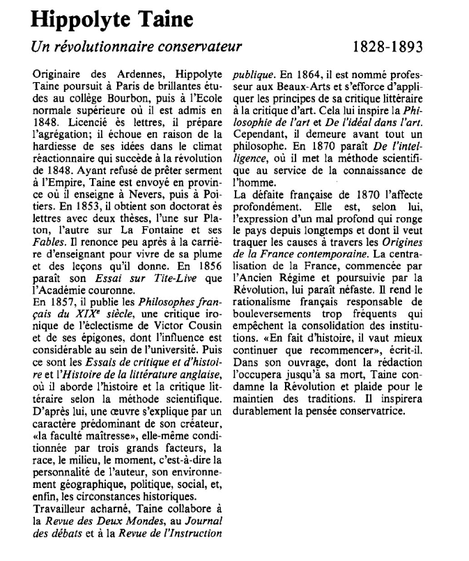 Prévisualisation du document Hippolyte Taine;Un révolutionnaire conservateur.