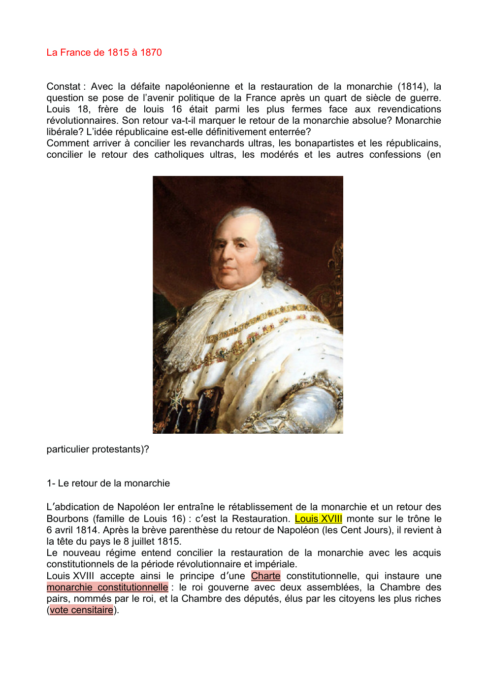 Prévisualisation du document Histoire- 1815 en France