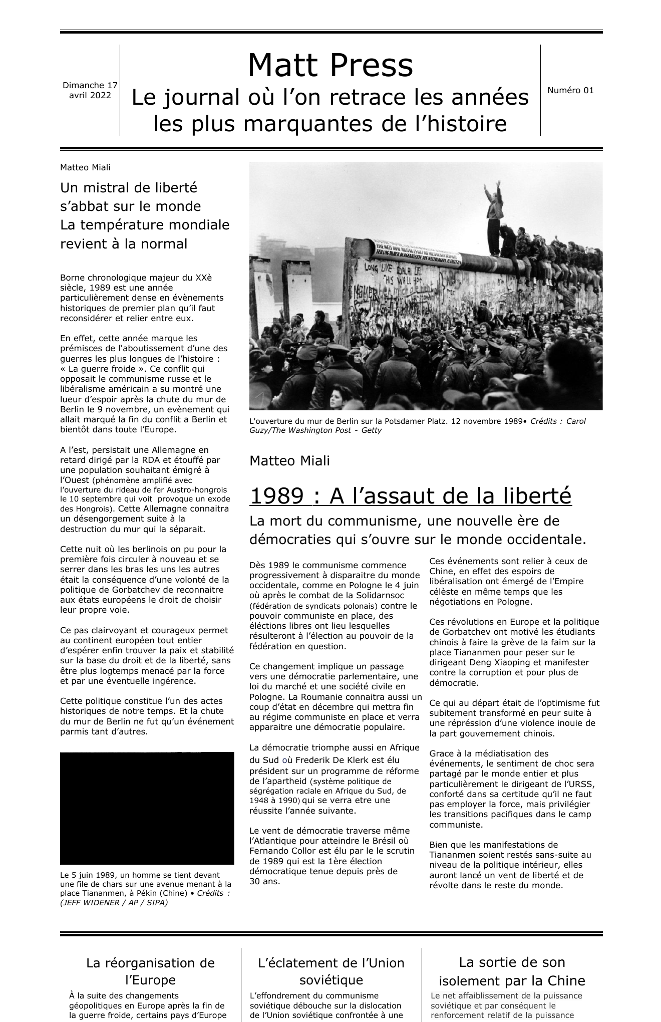 Prévisualisation du document Histoire Article de Journal sur l'année 1989