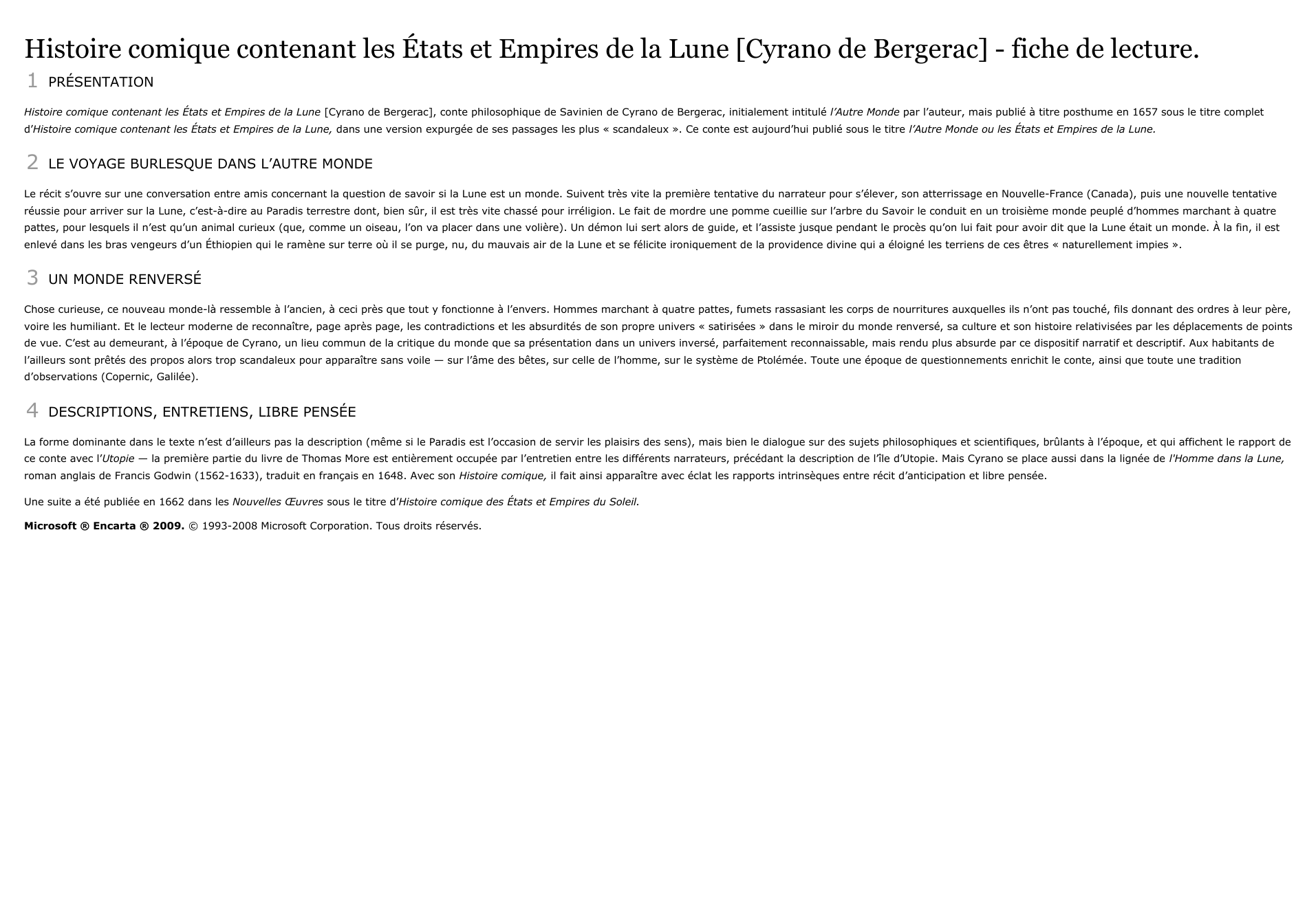 Prévisualisation du document Histoire comique contenant les États et Empires de la Lune [Cyrano de Bergerac] - fiche de lecture.