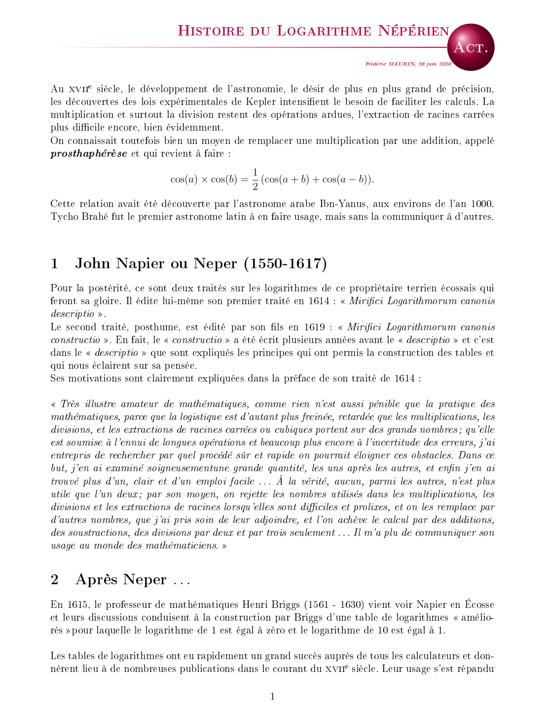 Prévisualisation du document HISTOIRE DE LA FONCTION LN