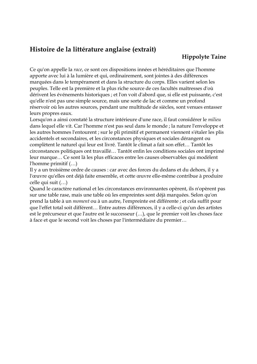 Prévisualisation du document Histoire de la littérature anglaise (extrait)Hippolyte TaineCe qu'on appelle la