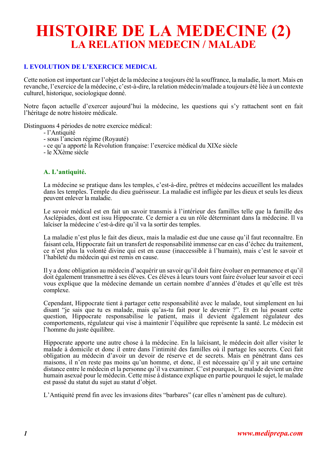 Prévisualisation du document HISTOIRE DE LA MEDECINE (2): LA RELATION MEDECIN / MALADE