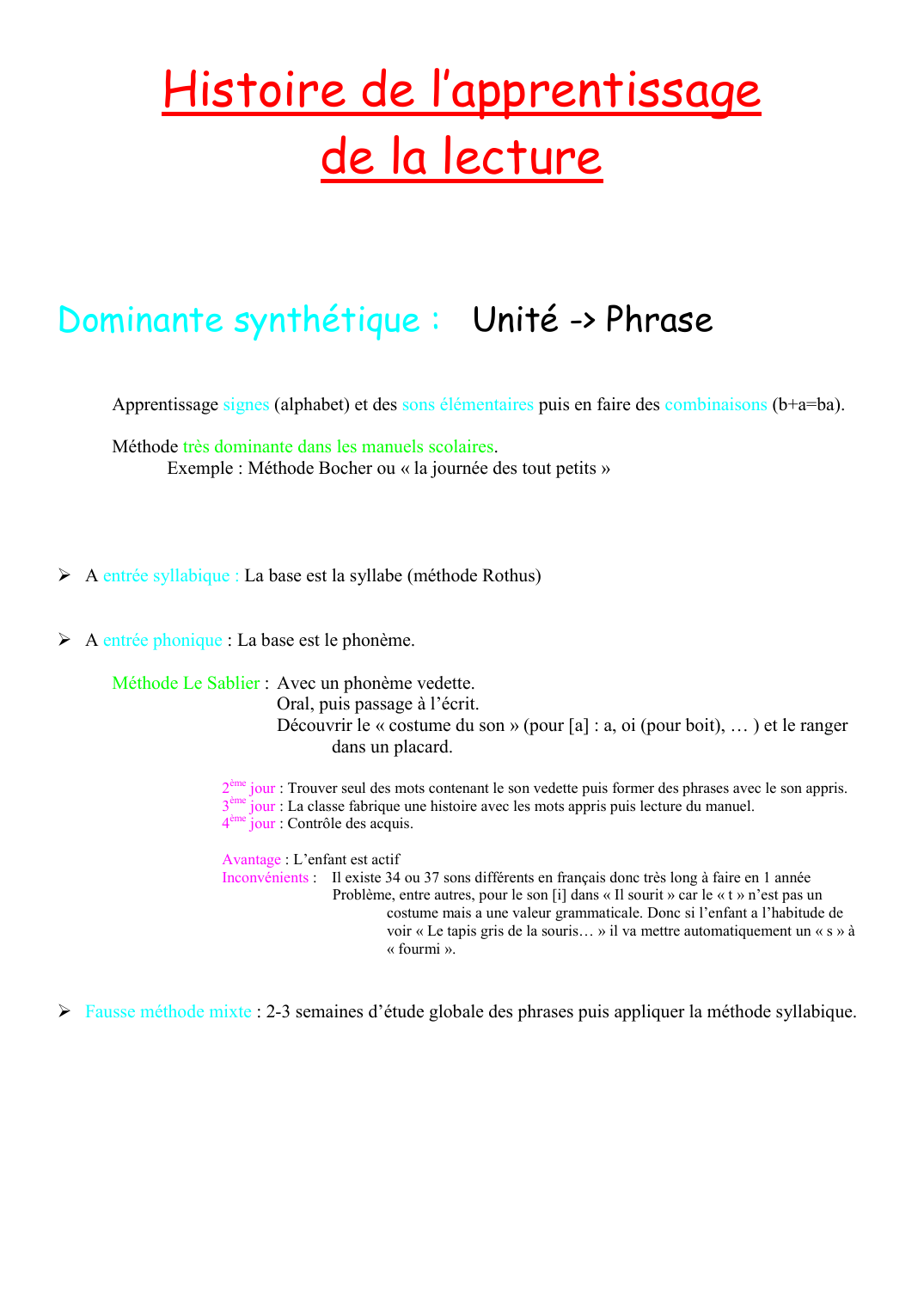 Prévisualisation du document Histoire de l'apprentissagede la lectureDominante synthétique : Unité -> PhraseApprentissage signes (alphabet) et des sons élémentaires puis en faire des combinaisons (b+a=ba).