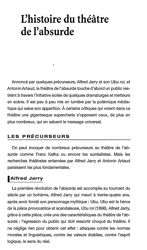 Prévisualisation du document [histoire du théâtre
de l'absurde

Annoncé par quelques précurseurs, Alfred Jarry et son Ubu roi, et
Antonin Artaud, le théâtre...