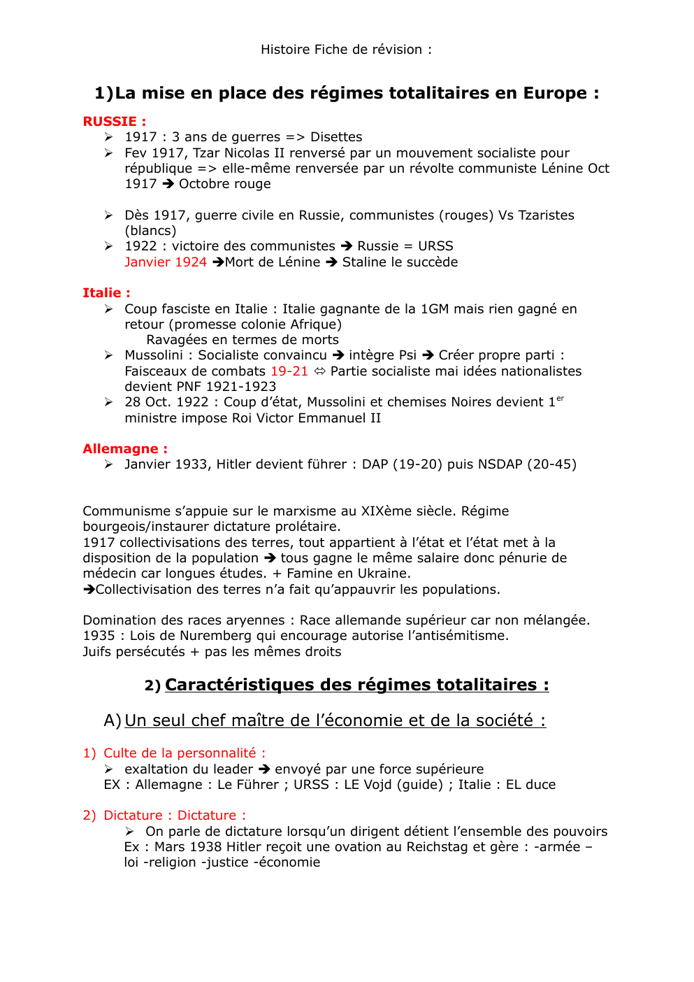 Prévisualisation du document Histoire Fiche de révision : Régimes totalitaires