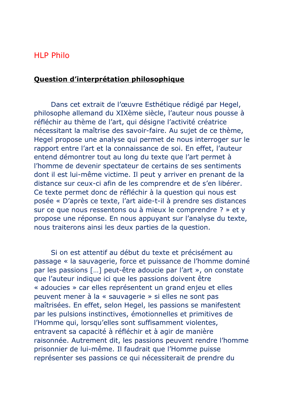Prévisualisation du document HLP Philo Question d’interprétation philosophique Esthétique de Hegel