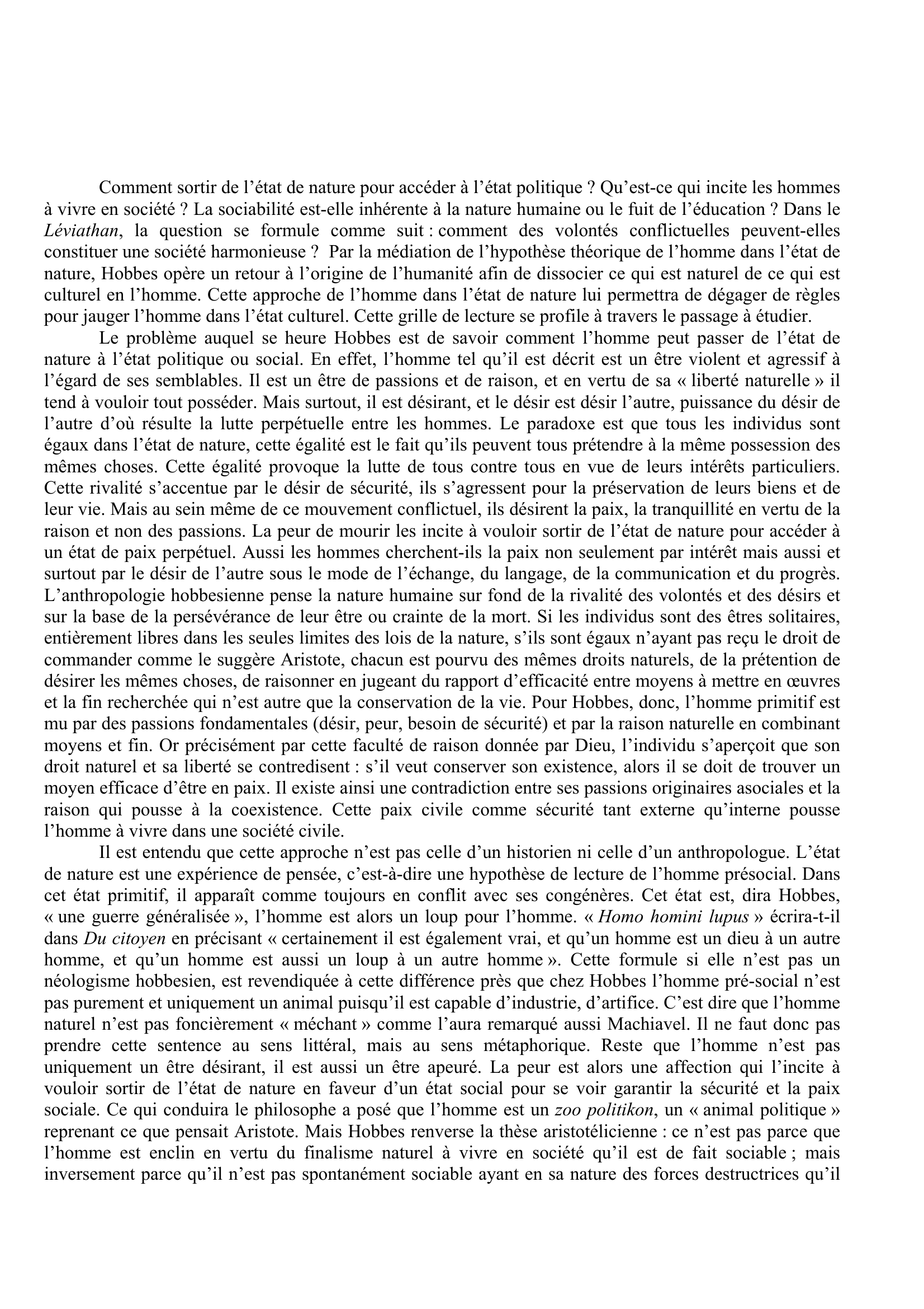 Prévisualisation du document Hobbes (1588-1679), Le Léviathan, (1651), Deuxième partie : De la république, Chap. 17. « Des causes, de la génération et de la république ».