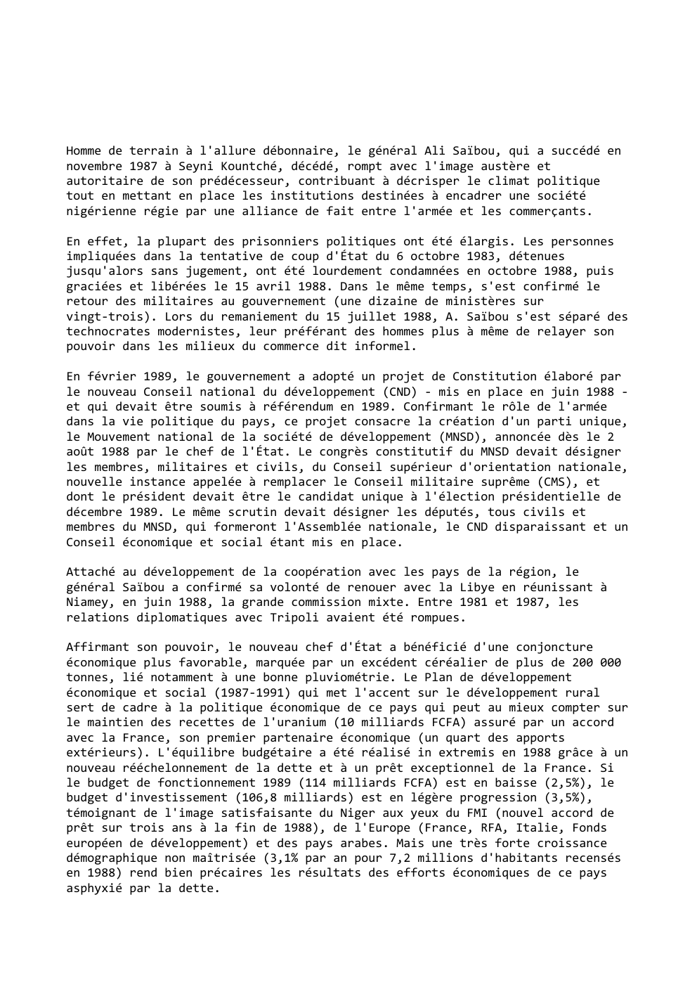 Prévisualisation du document Homme de terrain à l'allure débonnaire, le général Ali Saïbou, qui a succédé en
novembre 1987 à Seyn...