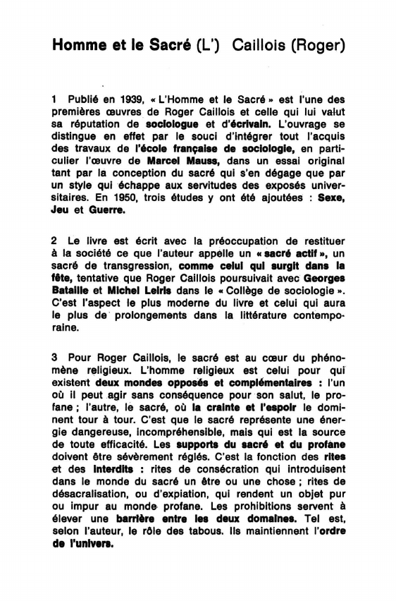 Prévisualisation du document Homme et le Sacré (l'), de Roger Caillois