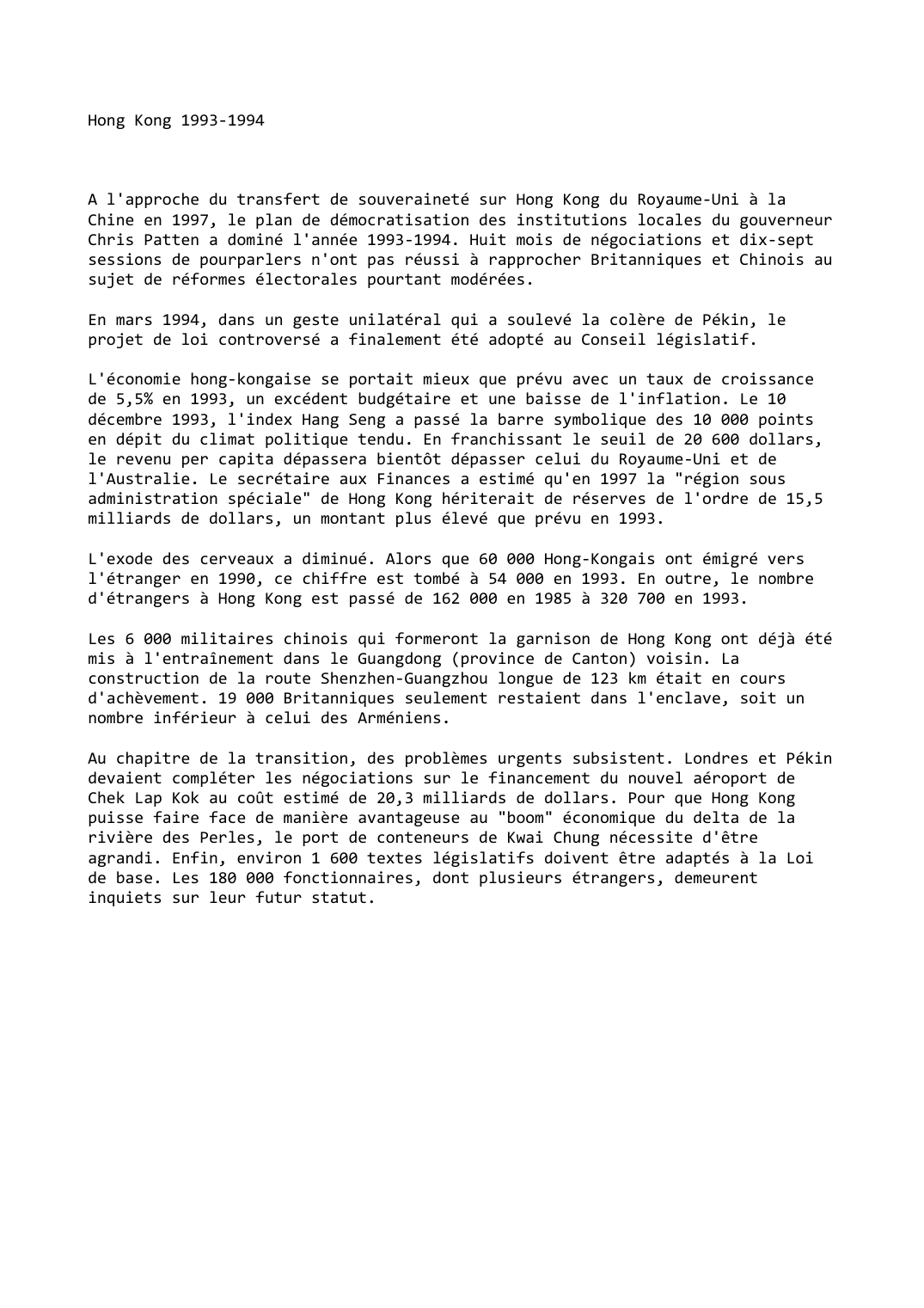 Prévisualisation du document Hong Kong (1993-1994)