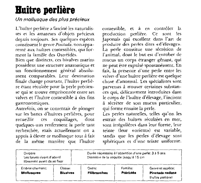 Prévisualisation du document Huître perlièreUn mollusque des plus précieux.