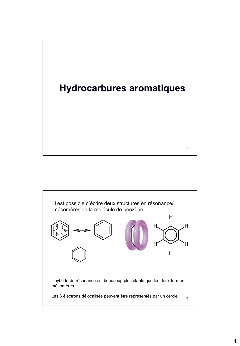 Prévisualisation du document Hydrocarbures aromatiques1Il est possible d'écrire deux structures en résonance/mésomères de la molécule de benzène.