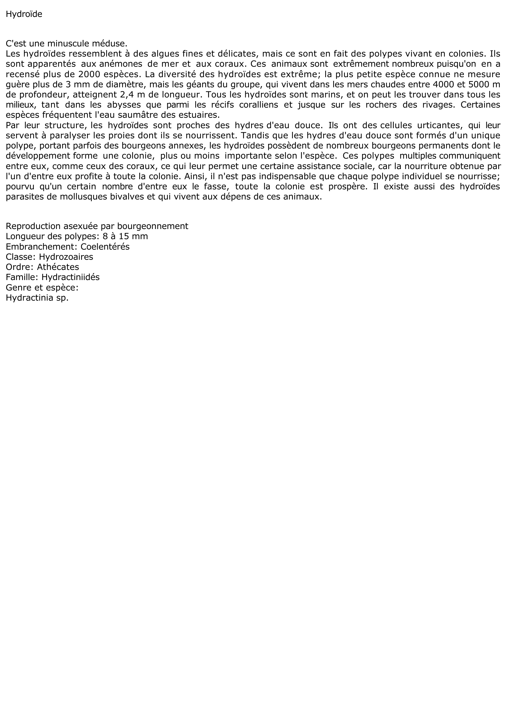 Prévisualisation du document Hydroïde