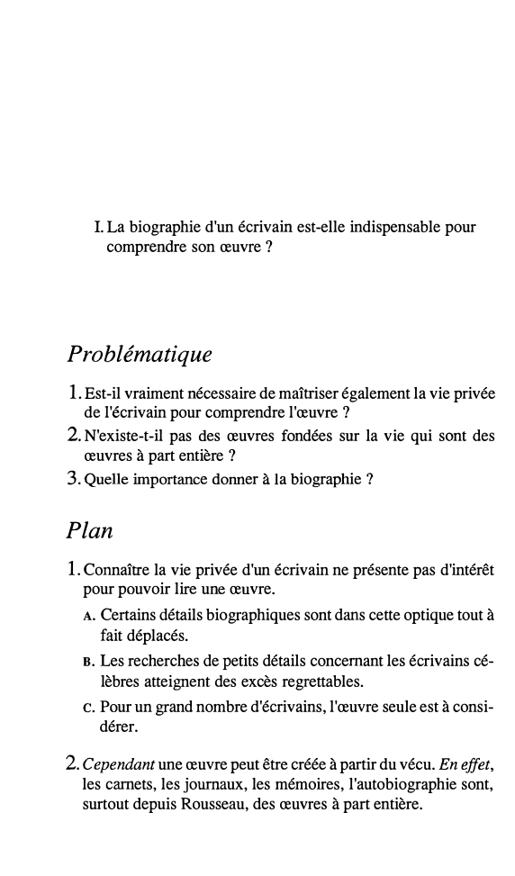 Prévisualisation du document I. La biographie d'un écrivain est-elle indispensable pour
comprendre son œuvre ?

Problématique
1. Est-il vraiment nécessaire de maîtriser également...