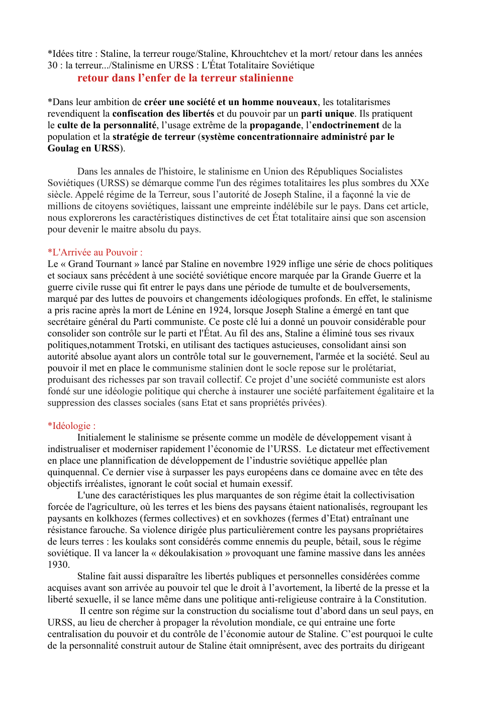 Prévisualisation du document *Idées titre : Staline, la terreur rouge/Staline, Khrouchtchev et la mort/ retour dans les années 30 : la terreur.../Stalinisme en URSS : L'État Totalitaire Soviétique