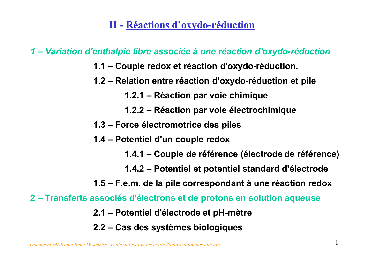 Prévisualisation du document II - Réactions d'oxydo-réduction1 - Variation d'enthalpie libre associée à une réaction d'oxydo-réduction1.