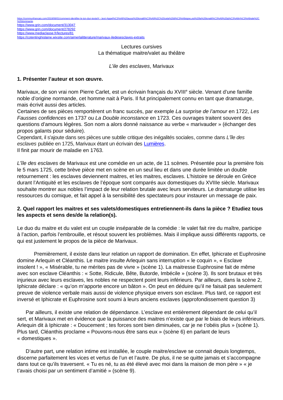Prévisualisation du document Ile des esclaves Marivaux analyse: La thématique maitre/valet au théâtre