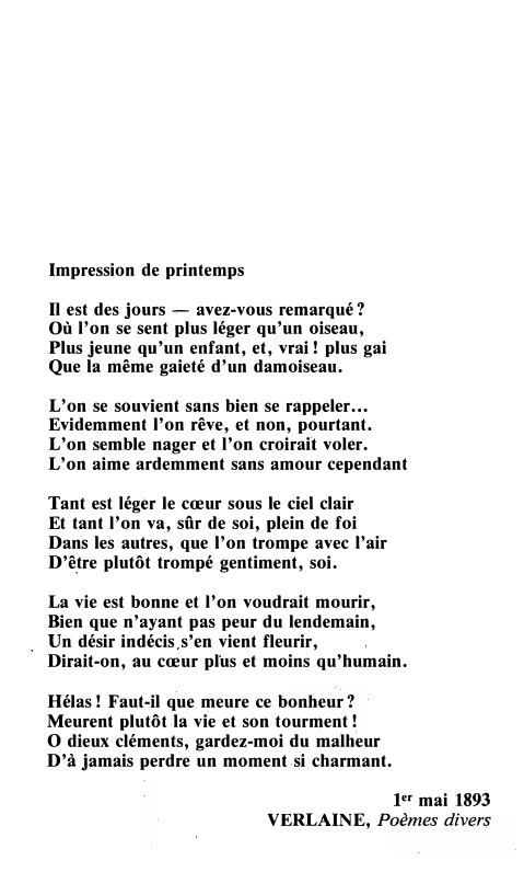 Prévisualisation du document Impression de printemps
Il est des jours � avez-vous remarqué?
Où l'on se sent plus léger qu'un oiseau,
Plus jeune...