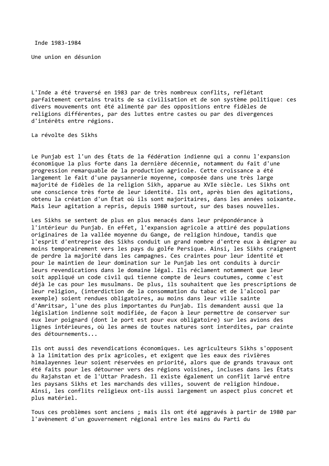 Prévisualisation du document Inde 1983-1984

Une union en désunion