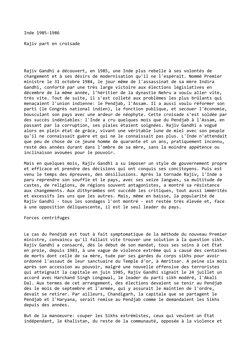 Prévisualisation du document Inde (1985-1986)

Rajiv part en croisade