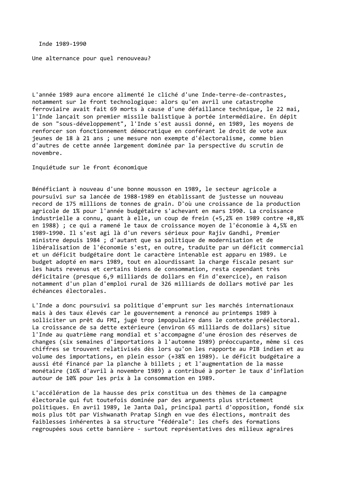 Prévisualisation du document Inde (1989-1990)

Une alternance pour quel renouveau?
