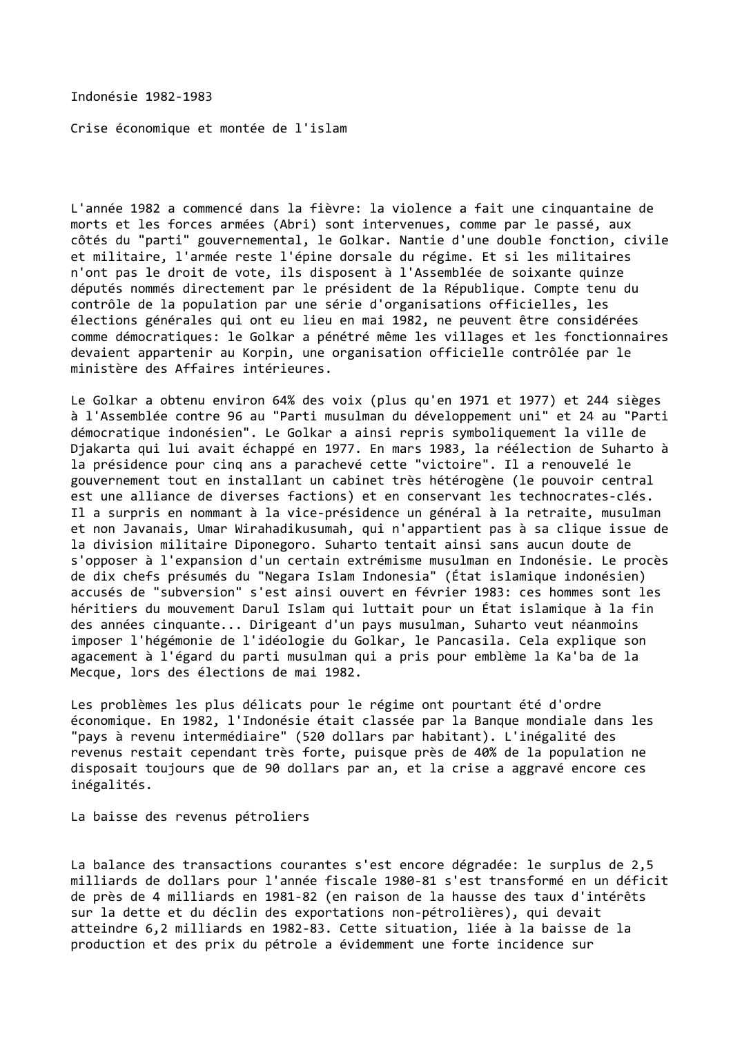 Prévisualisation du document Indonésie (1982-1983)

Crise économique et montée de l'islam