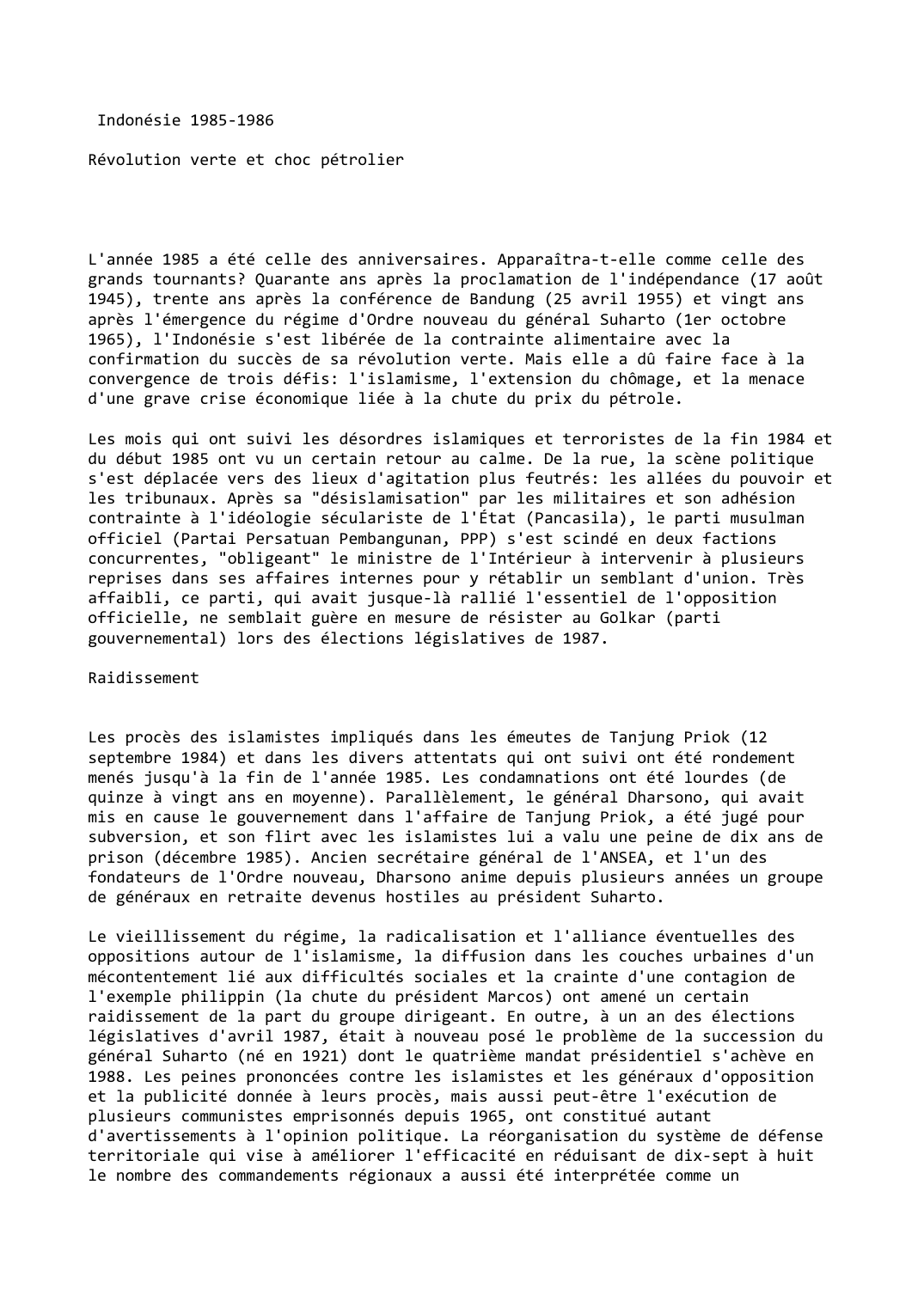 Prévisualisation du document Indonésie 1985-1986

Révolution verte et choc pétrolier