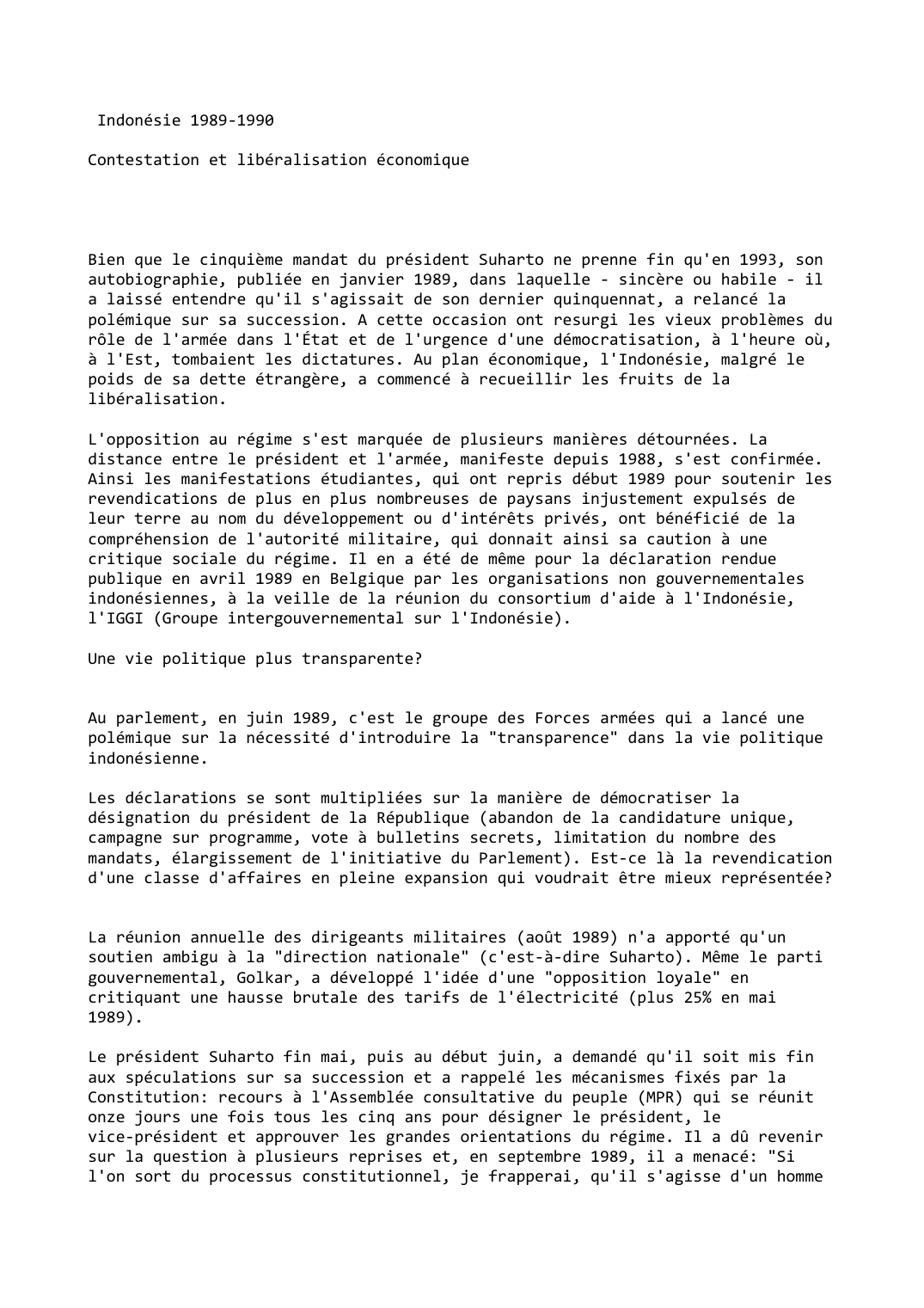 Prévisualisation du document Indonésie (1989-1990)

Contestation et libéralisation économique