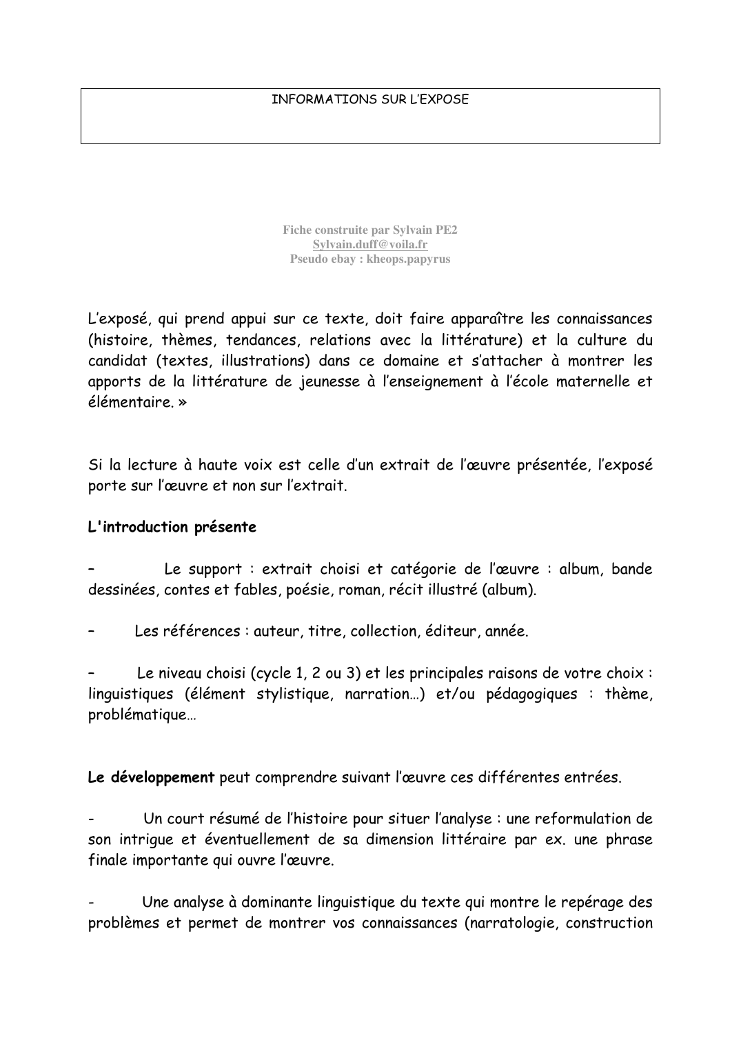 Prévisualisation du document INFORMATIONS SUR L'EXPOSEFiche construite par Sylvain PE2Sylvain.