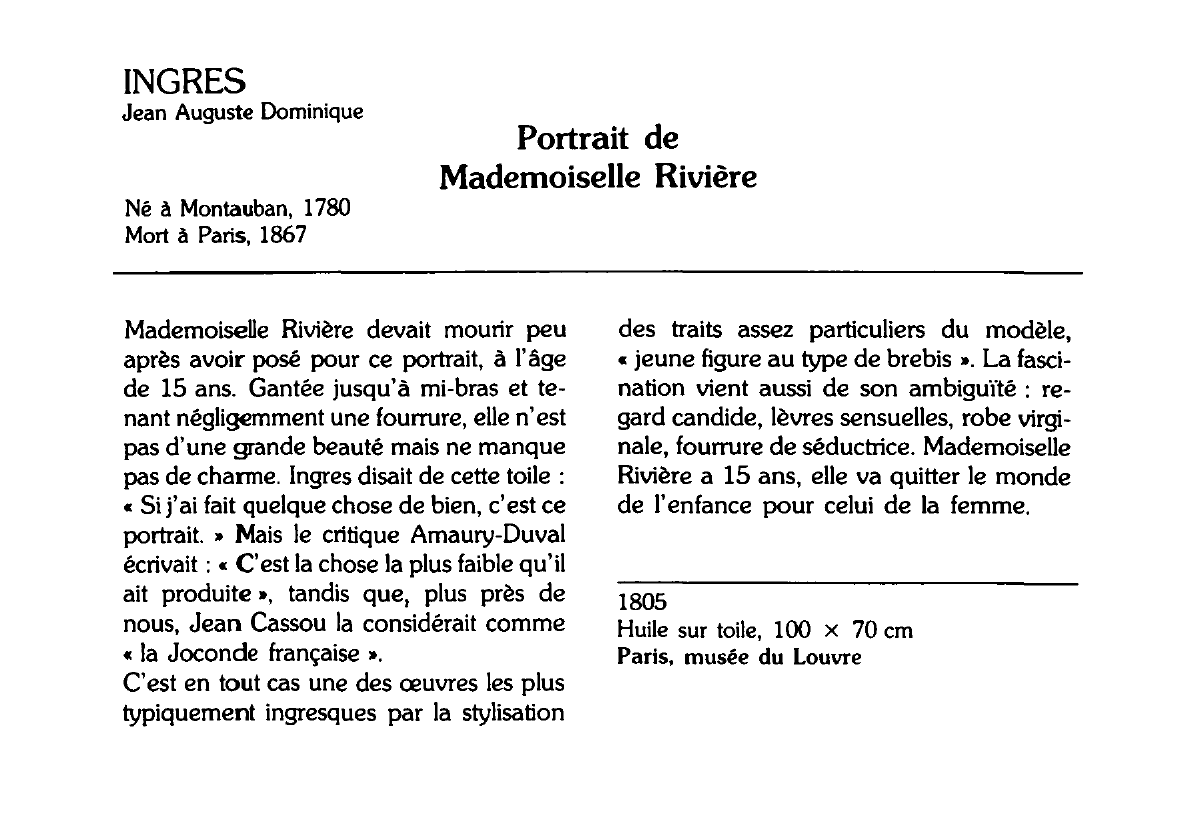 Prévisualisation du document INGRES  Jean Auguste Dominique  : Portrait de  Mademoiselle Rivière