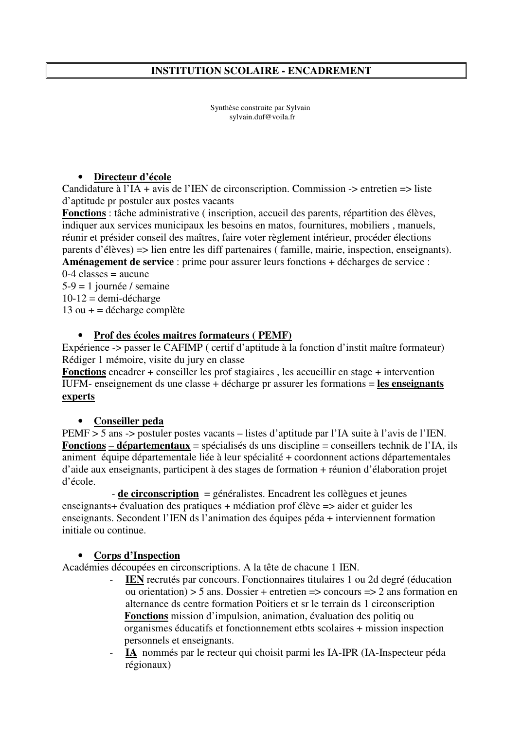 Prévisualisation du document INSTITUTION SCOLAIRE - ENCADREMENTSynthèse construite par Sylvainsylvain.