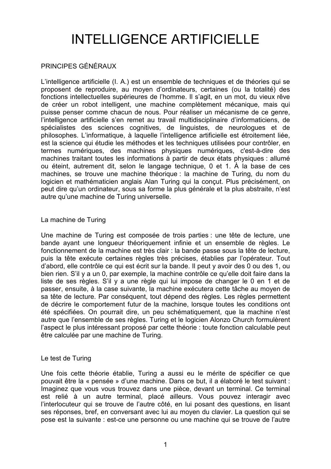 Prévisualisation du document INTELLIGENCE ARTIFICIELLEPRINCIPES GÉNÉRAUXL'intelligence artificielle (I.