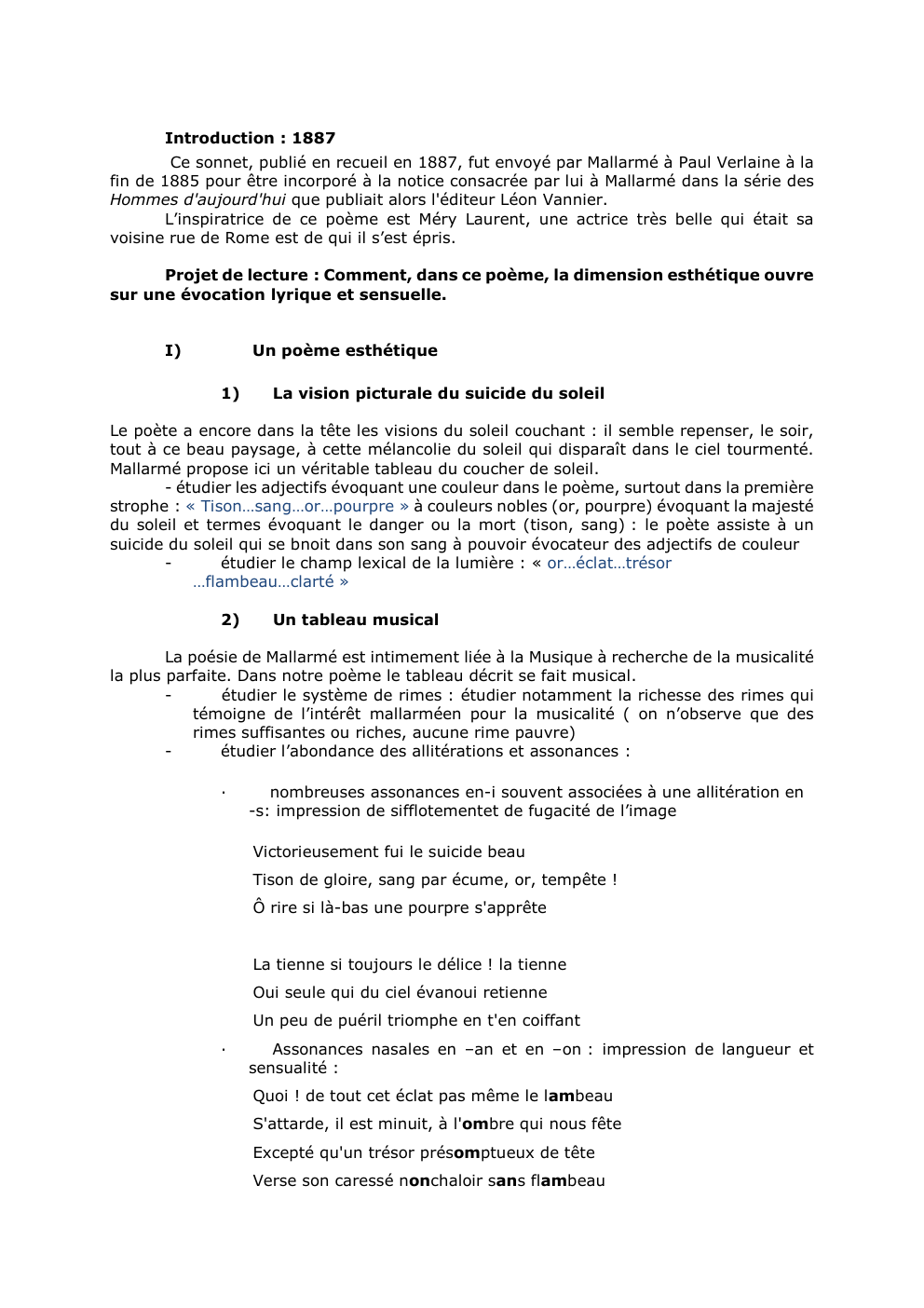 Prévisualisation du document Introduction : 1887
Ce sonnet, publié en recueil en 1887, fut envoyé par Mallarmé à Paul Verlaine à la
fin...