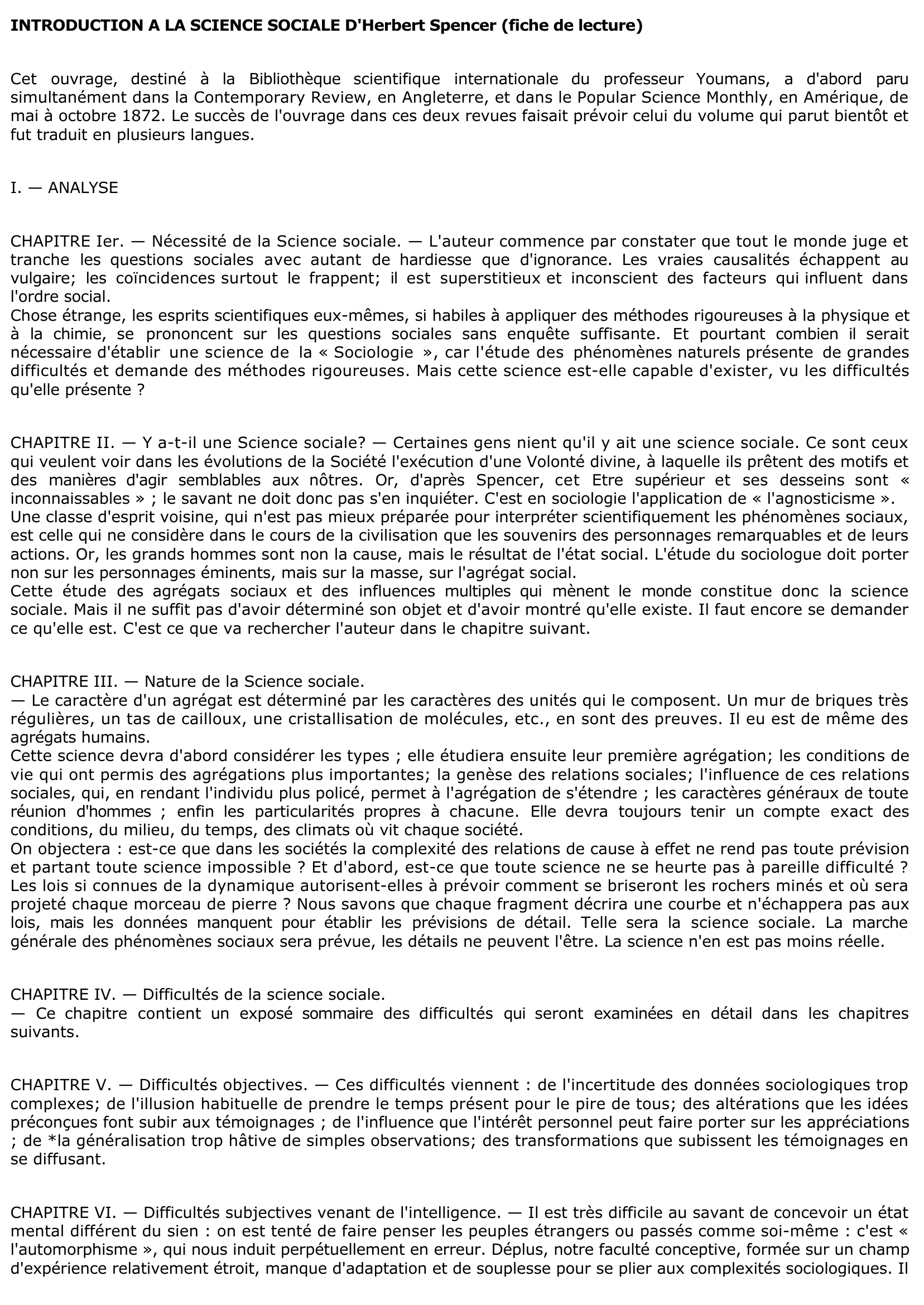 Prévisualisation du document INTRODUCTION A LA SCIENCE SOCIALE D'Herbert Spencer (fiche de lecture)