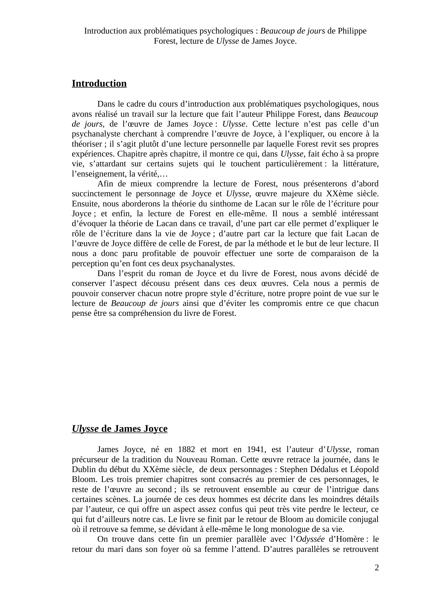 Prévisualisation du document Introduction aux problématiques psychologiques.  « Beaucoup de jours » de Philippe Forest, lecture de « Ulysse » de James Joyce