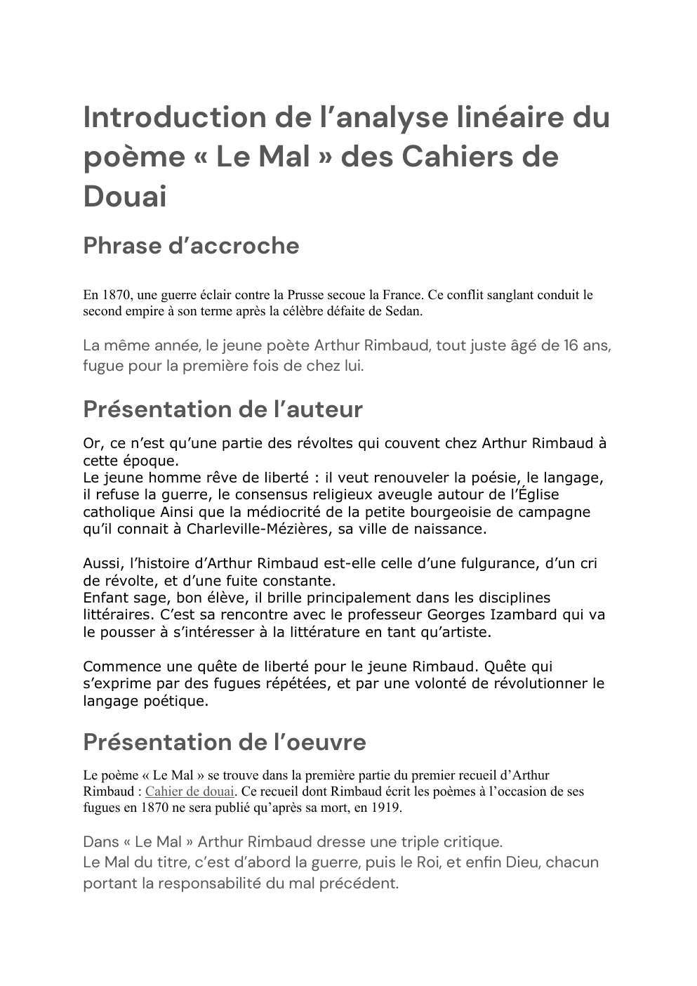 Prévisualisation du document Introduction de l’analyse linéaire du poème « Le Mal » des Cahiers de Douai