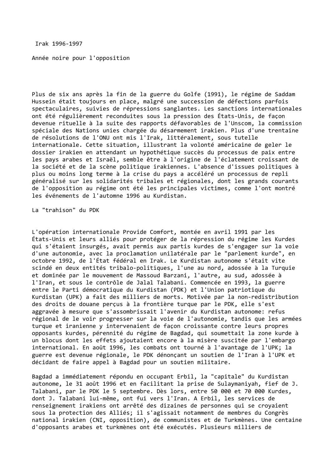 Prévisualisation du document Irak (1996-1997)

Année noire pour l'opposition