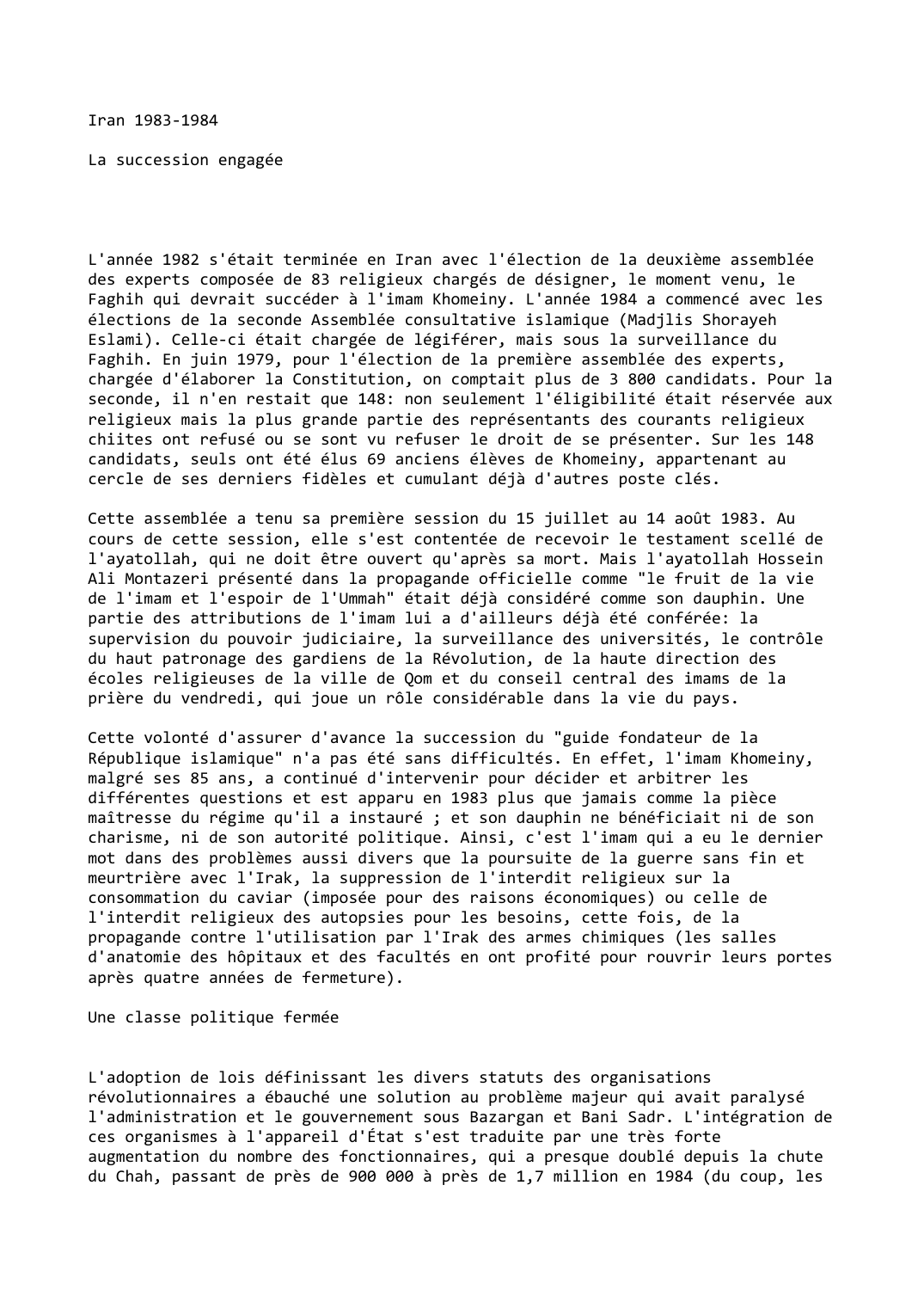 Prévisualisation du document Iran (1983-1984)

La succession engagée